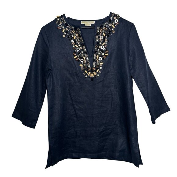 Michael Kors Tops - Michael Kors Small Navy 100% Linen Tunic Shirt Embellished Top 3/4 Sleeve Office